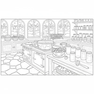 A fruit orchard jam-making kitchen scene with a long stone-flagged kitchen coloring page