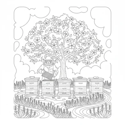 A full cottage beekeeping yard with a row of painted wooden hive boxes coloring page