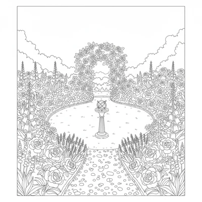 A full cottage garden in bloom with a central lawn, flower borders on all sides coloring page