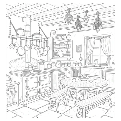 A full cottage interior kitchen with a large wood stove, a rack of hanging coloring page
