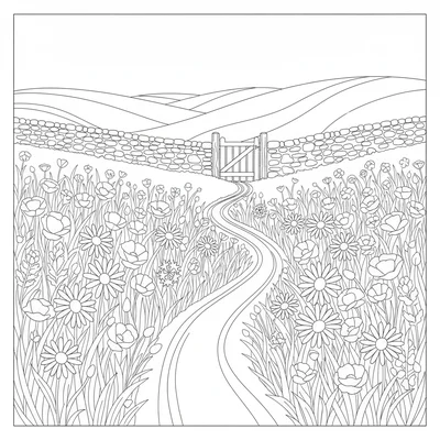 A full wildflower meadow scene with rolling hills in the background, a winding coloring page