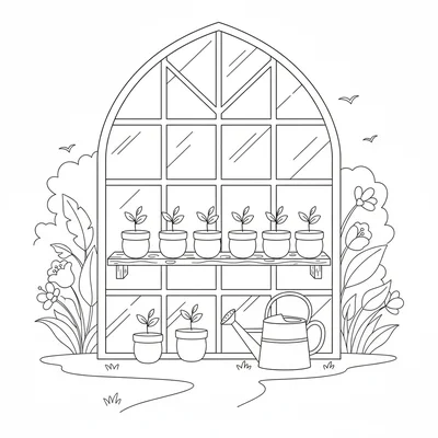 A garden greenhouse window with seedlings growing in small clay pots arranged coloring page