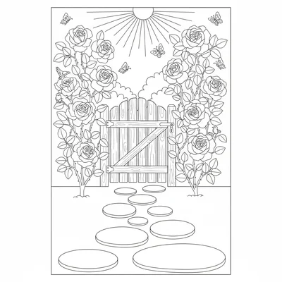 A garden path made of round stepping stones leading to a simple wooden gate coloring page