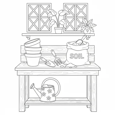 A garden potting shed bench with several clay pots stacked in a corner coloring page
