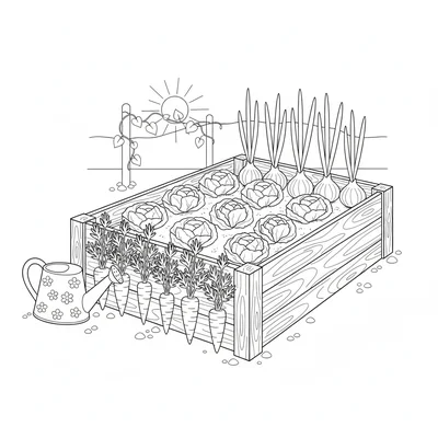 A garden raised bed with rows of growing vegetables, carrots, lettuce coloring page