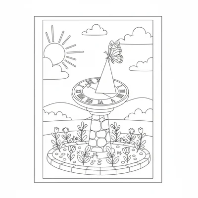 A garden sundial on a stone pedestal in a simple bed of low groundcover plants coloring page