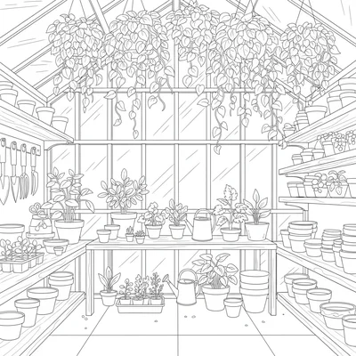 A greenhouse interior with floor-to-ceiling glass wall panels, wooden shelves coloring page