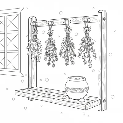 A herb drying rack mounted on a wall with several bundles of dried herbs coloring page