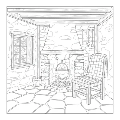 A highland cottage evening interior in winter with a simple peat fire burning coloring page
