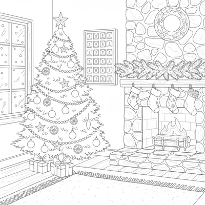 A indoor cottage Christmas scene with a decorated tree in the corner hung coloring page