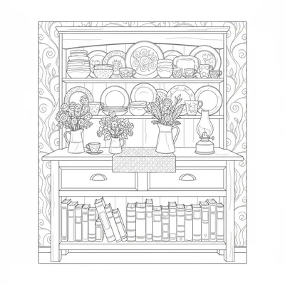 A interior still life of a cottage dresser with dozens of mismatched pieces coloring page