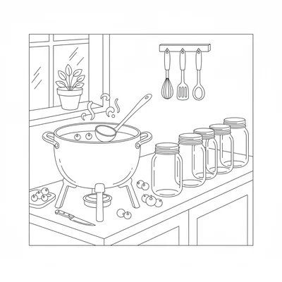 A simple jam-making scene on a kitchen counter with a large pot on a stand coloring page