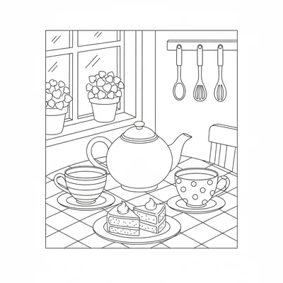 A kitchen table corner set for two with two mismatched teacups, a teapot coloring page