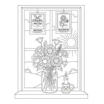 A kitchen windowsill with a jam jar of wildflowers, a small candle in a holder coloring page