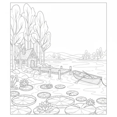 A lakeside cottage scene with the small cottage nestled among trees coloring page