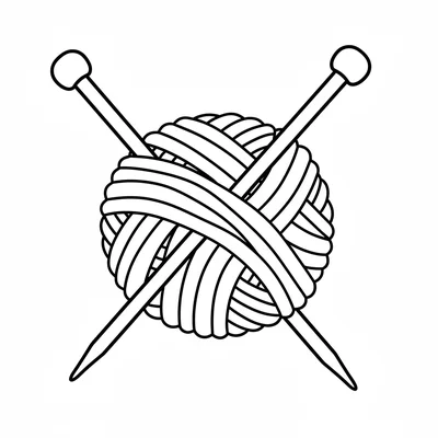 A large ball of yarn with two knitting needles crossed through it, viewed coloring page