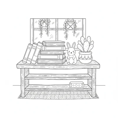 A low cottage bookshelf with a stack of thick old books, a small ceramic coloring page
