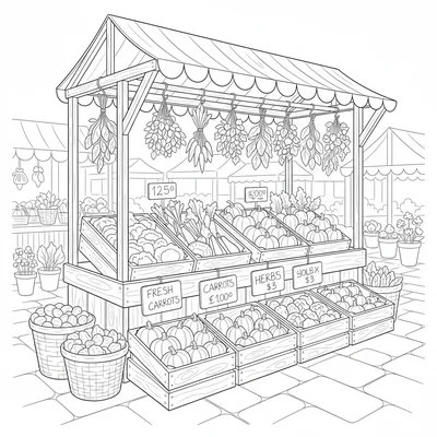 A market garden stall with wooden crates of vegetables arranged on tiered coloring page