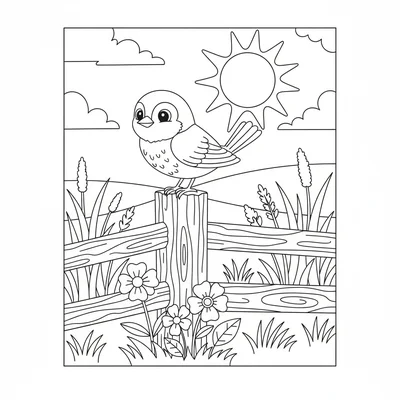 A meadow corner with a wooden fence post and a bluebird perched on top coloring page