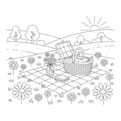 A simple meadow picnic blanket laid on the grass with a round wicker basket coloring page