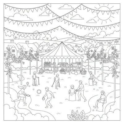 A midsummer country fete scene with a bunting-decorated village green, a white coloring page