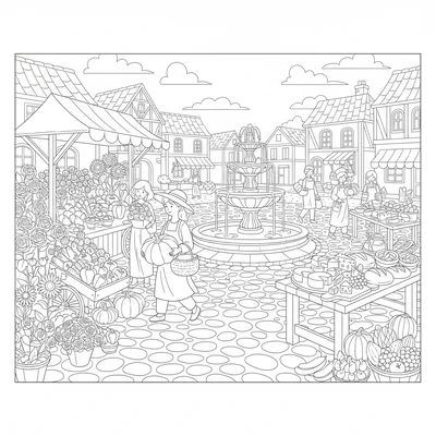 A morning market scene in a small village square coloring page