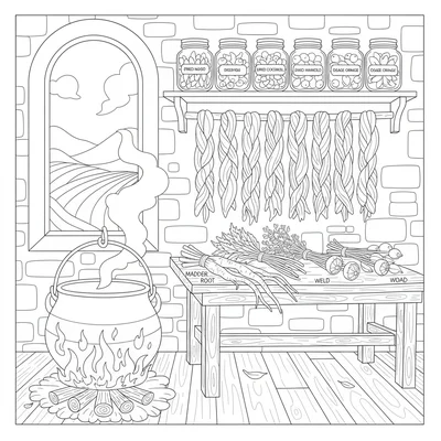 A natural dyeing studio with a large pot over a fire, bundles of plant coloring page