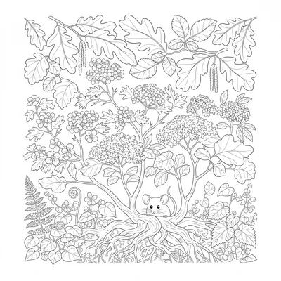 A natural hedgerow cross-section showing layered plant life: a canopy of hazel coloring page