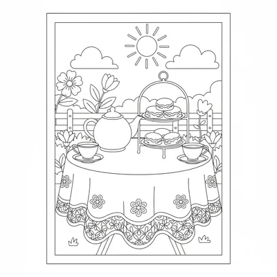 A simple outdoor afternoon tea scene with a small garden table set with a white coloring page