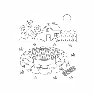 A simple outdoor cottage garden fire pit ring with a circle of stones, a simple coloring page