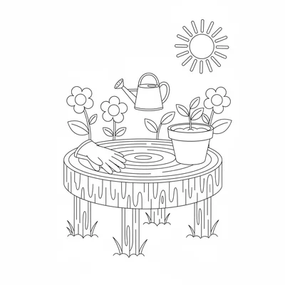 A simple outdoor garden seat made from a log slice on four short stakes coloring page