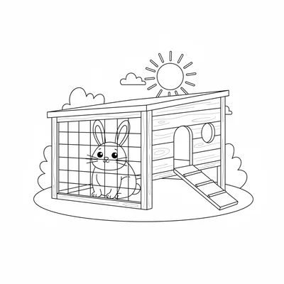 A simple outdoor rabbit hutch with a wire mesh front, a wooden house portion coloring page