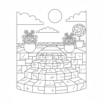 A simple outdoor stone steps scene with three wide stone steps leading up coloring page