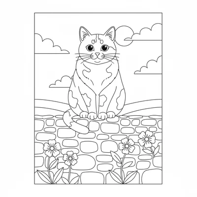A simple outdoor stone wall with a flat top, a few wildflowers growing coloring page