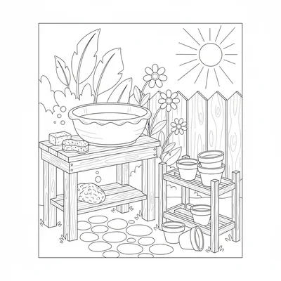A simple outdoor washing-up bowl on a wooden stand in a garden corner, a sponge coloring page