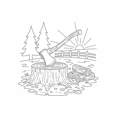 A simple outdoor wood chopping scene with a large round log stump used coloring page