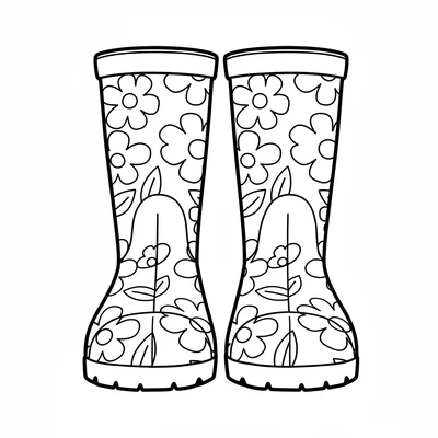 A pair of rubber gardening boots, viewed from the front, simple and round-toed coloring page