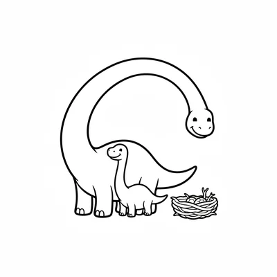 A parent Brachiosaurus with its neck curved down in an arch, a baby Brachiosaur… coloring page