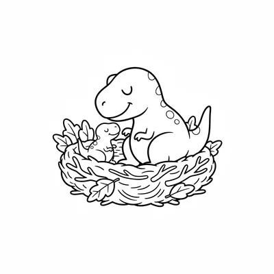 A parent T-Rex gently nuzzling a tiny baby T-Rex in a cozy round nest made of s… coloring page