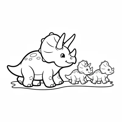 A parent Triceratops walking with two baby Triceratops following behind in a li… coloring page