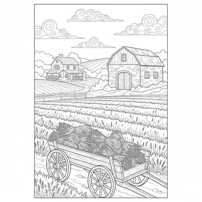 A pastoral lavender farm scene with long rows of lavender in full purple bloom coloring page