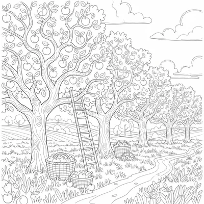 A pastoral orchard scene with a row of apple trees with gnarled branches, fruit coloring page