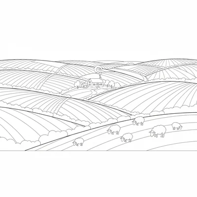 A pastoral rolling countryside scene with gently sloping green fields separated coloring page
