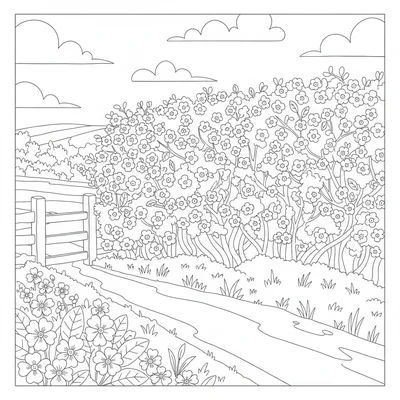 A pastoral spring scene along a country hedgerow with a blackthorn hedge coloring page