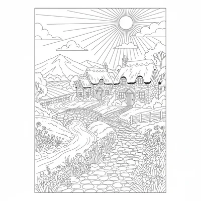 A pastoral village scene with three stone cottages lining a cobblestone lane coloring page
