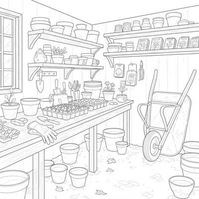 A potting shed interior with a long wooden workbench covered in clay pots coloring page