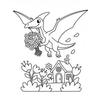 A Pteranodon gently carrying a bundle of flowers in its feet while gliding over… coloring page