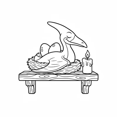 A Pteranodon nesting on a high cottage shelf inside a cozy room, its wings fold… coloring page