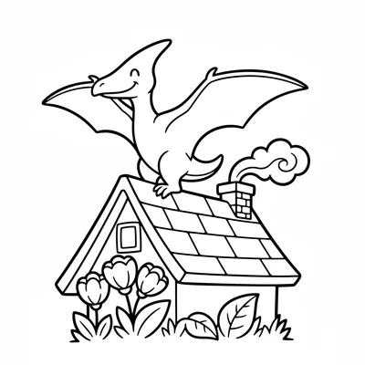 A Pteranodon perched on a cottage rooftop like a weathervane, its wings folded,… coloring page