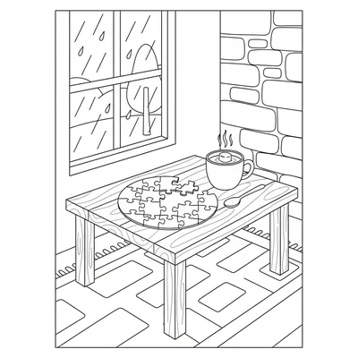 A simple rain-day scene at a cottage table with a half-finished jigsaw puzzle coloring page